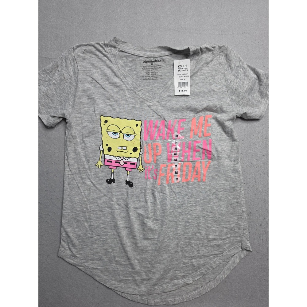 Nickelodeon SpongeBob SquarePants T-Shirt Girls M Gray Wake Me When It's Friday